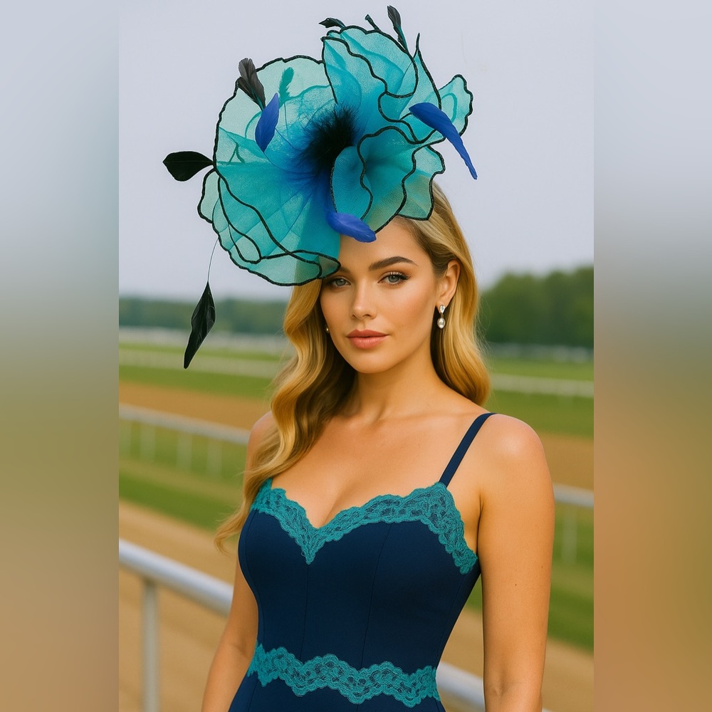 Kentucky Derby Hat Fascinator Elegant Teal and Black Feather Organza Headband